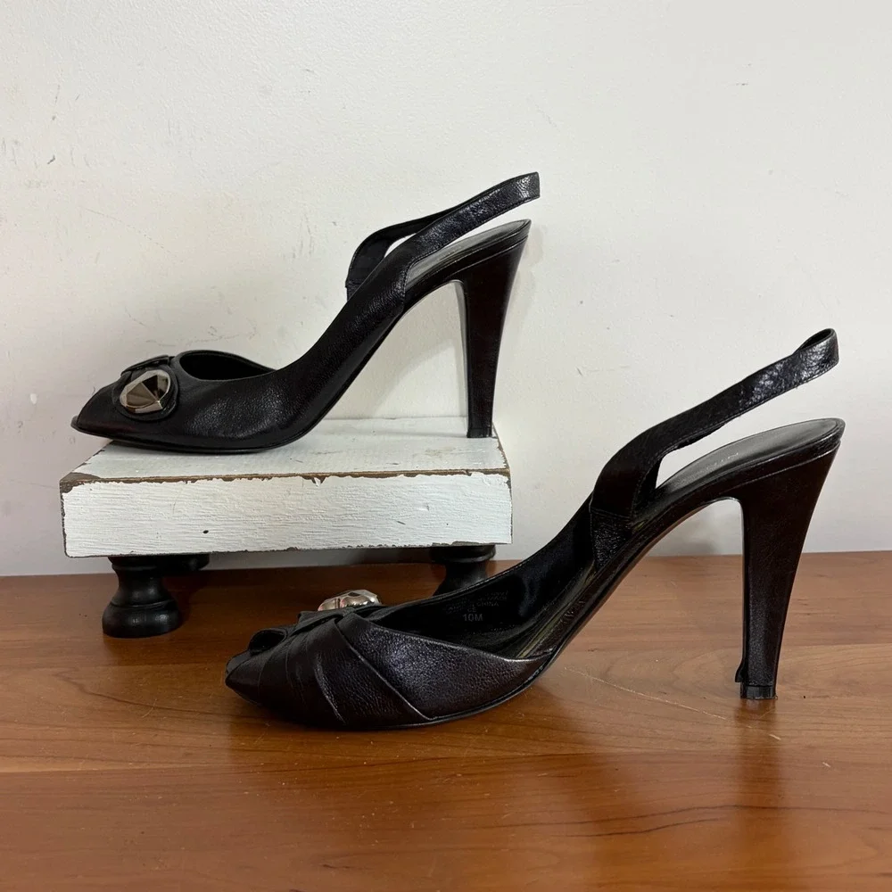 Nine West Black Leather Slingback Peep Toe Heels Silver Hardware Stiletto 10M
